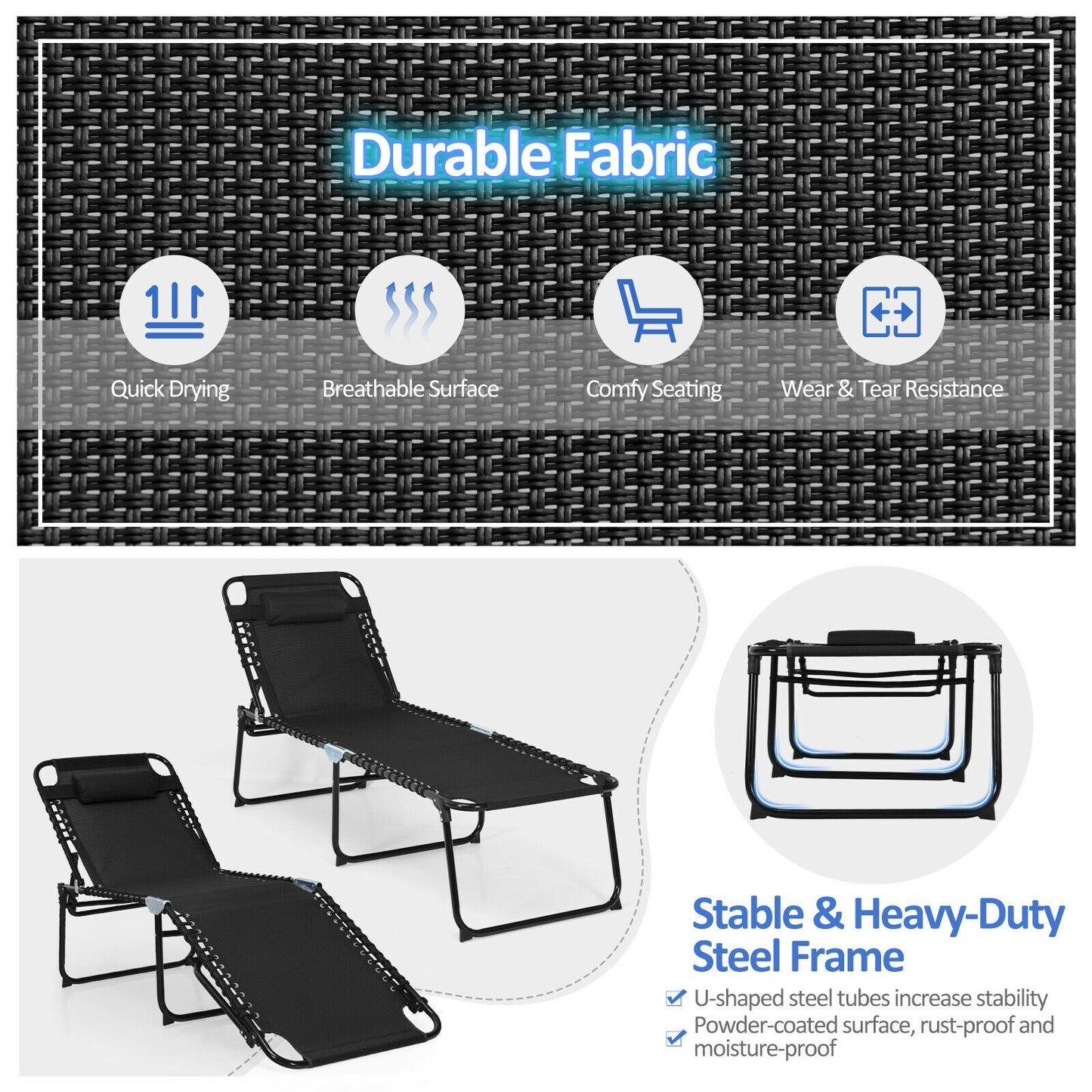 Adjustable Folding Lounge Chair with Footrest - 265 lb Capacity