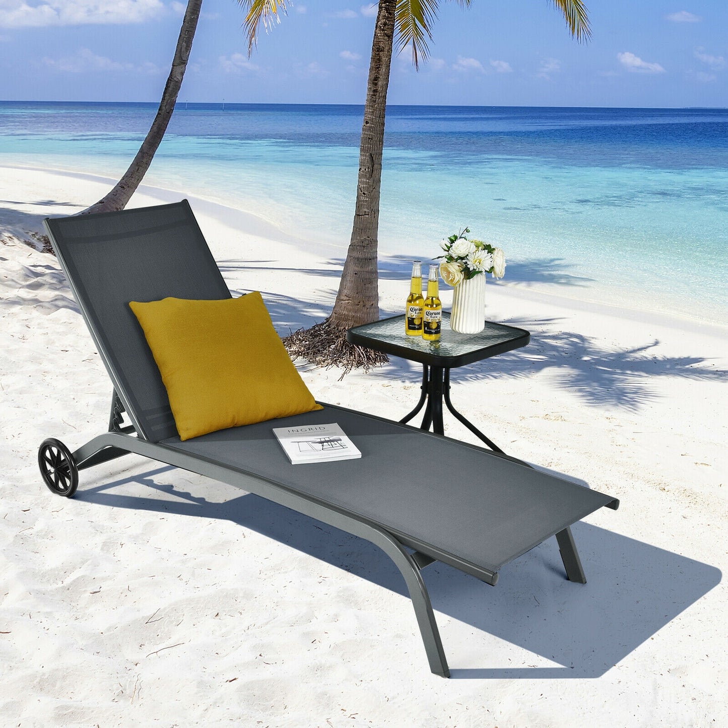 Adjustable Outdoor Chaise Lounge with Wheels - 6 Positions