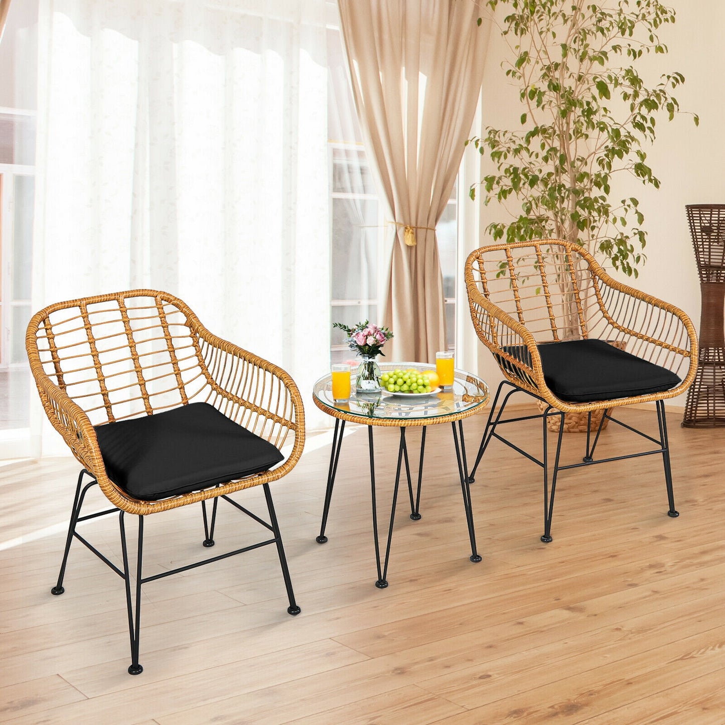 3-Piece Rattan Patio Conversation Set with Cushioned Chairs