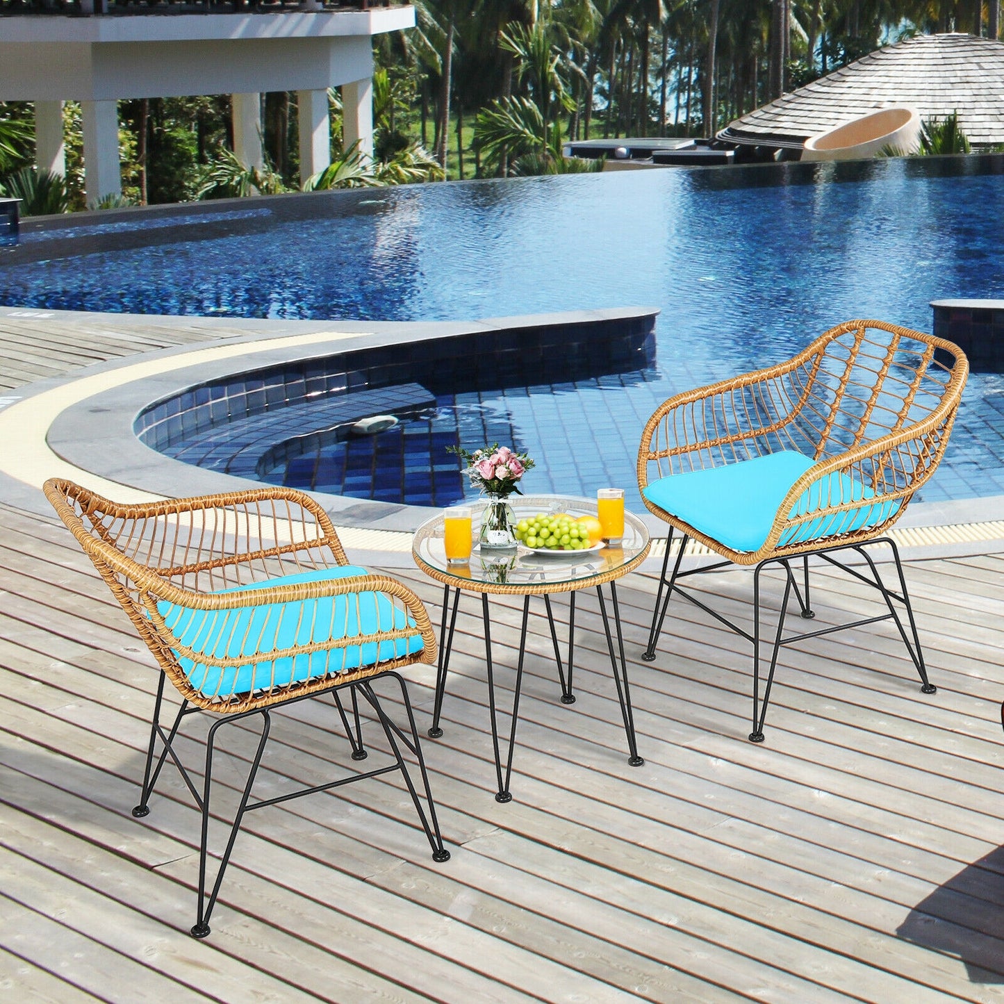 3-Piece Rattan Patio Conversation Set with Cushioned Chairs