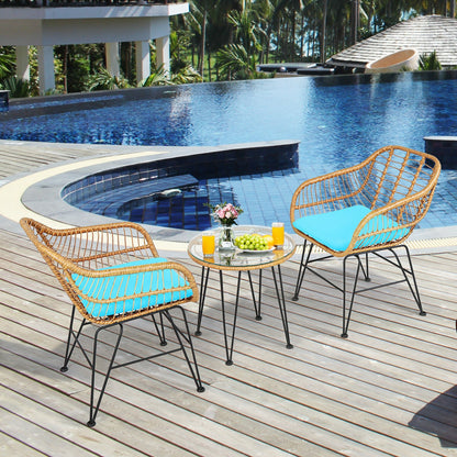 3-Piece Rattan Patio Conversation Set with Cushioned Chairs