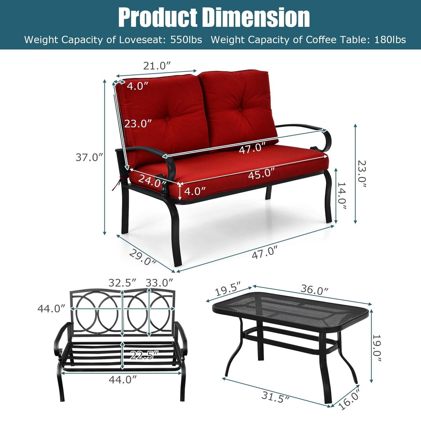 2-Piece Patio Loveseat Set with Cushions and Coffee Table