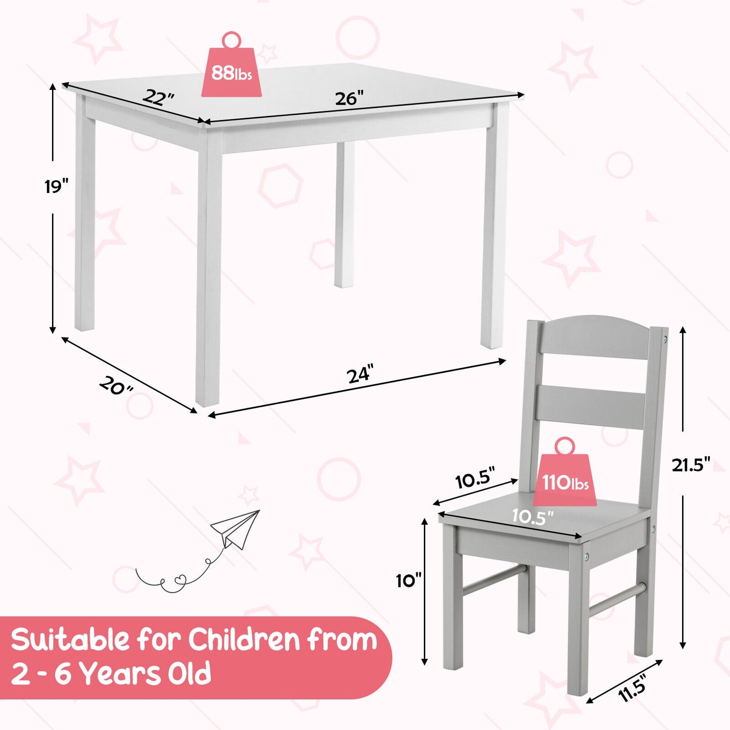 Kids Table and Chair Set - 5 Piece Pine Wood
