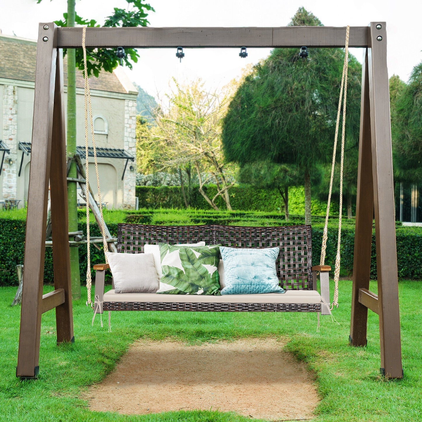 2-Person Rattan Porch Swing Chair with Cushion