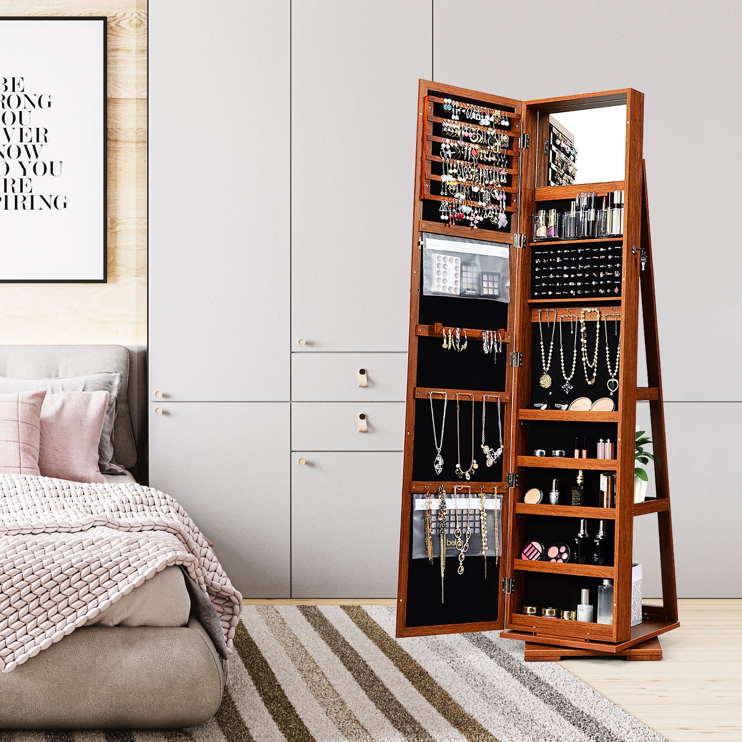 Jewelry Armoire with Full-Length Mirror and 360° Rotation