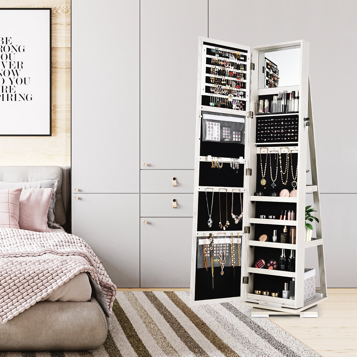 Jewelry Armoire with Full-Length Mirror and 360° Rotation