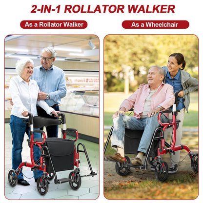 Folding Rollator Walker with 8-inch Wheels and Seat-Red
