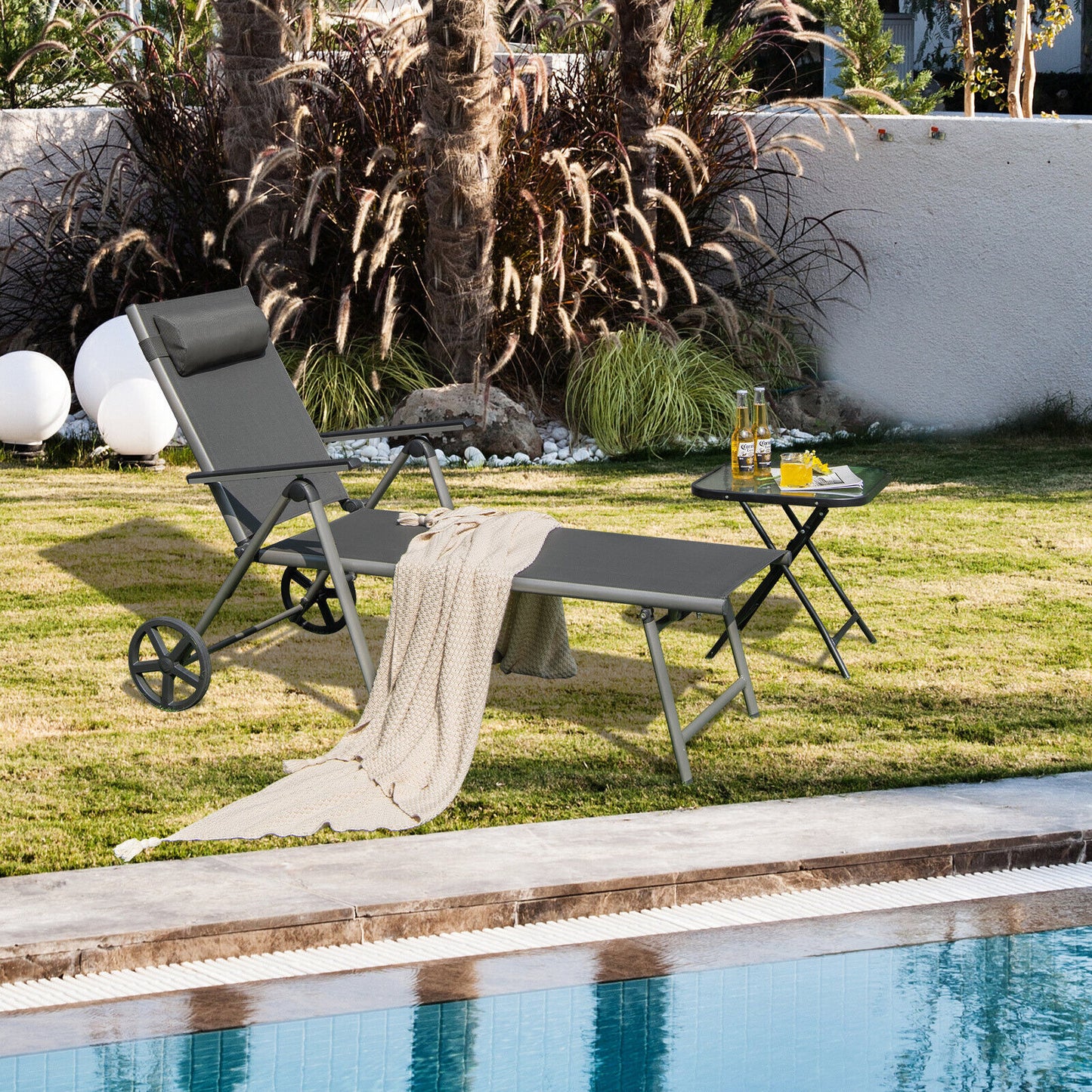 Adjustable Folding Chaise Lounge Chair with Wheels
