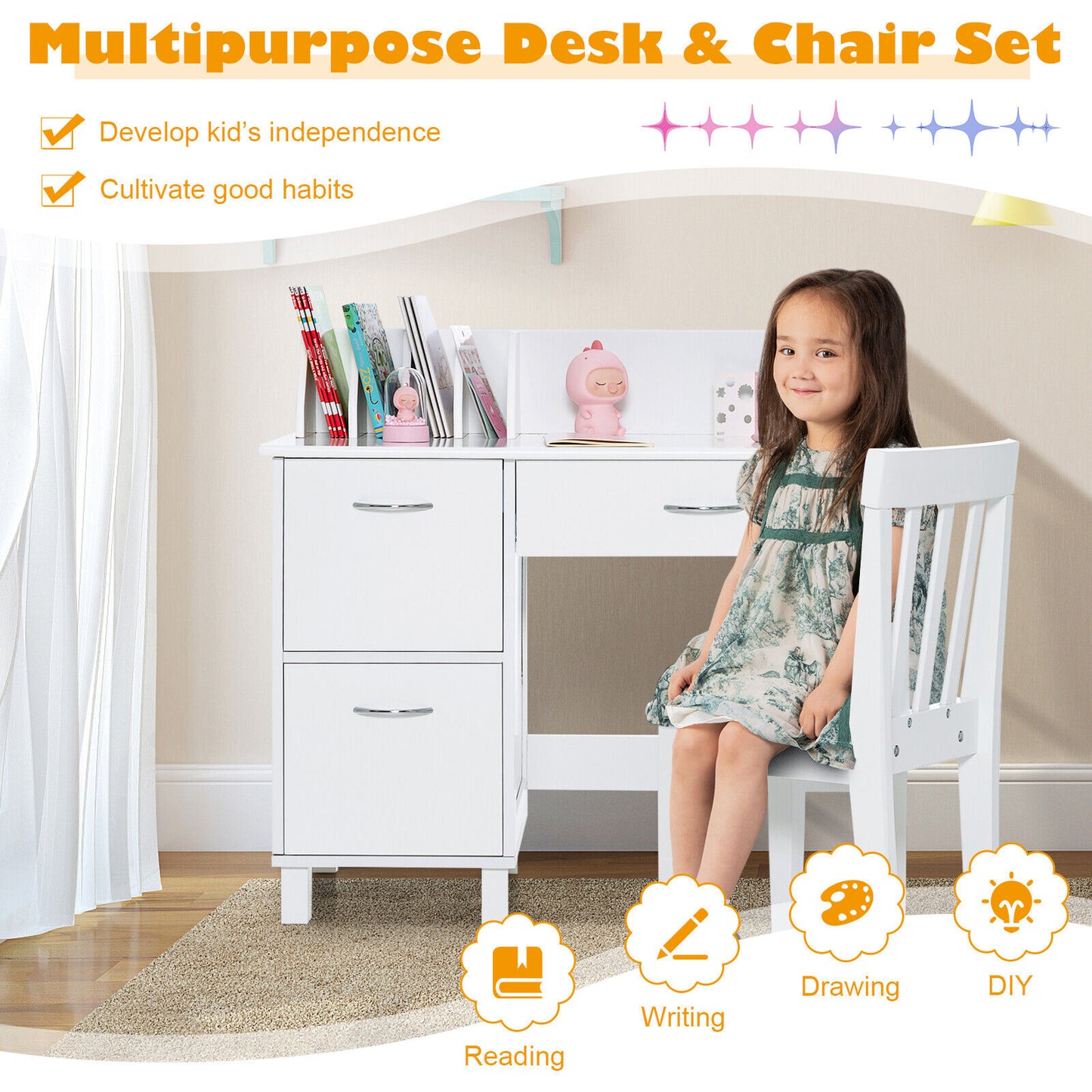 Kids Writing Desk and Chair Set with Storage Drawer