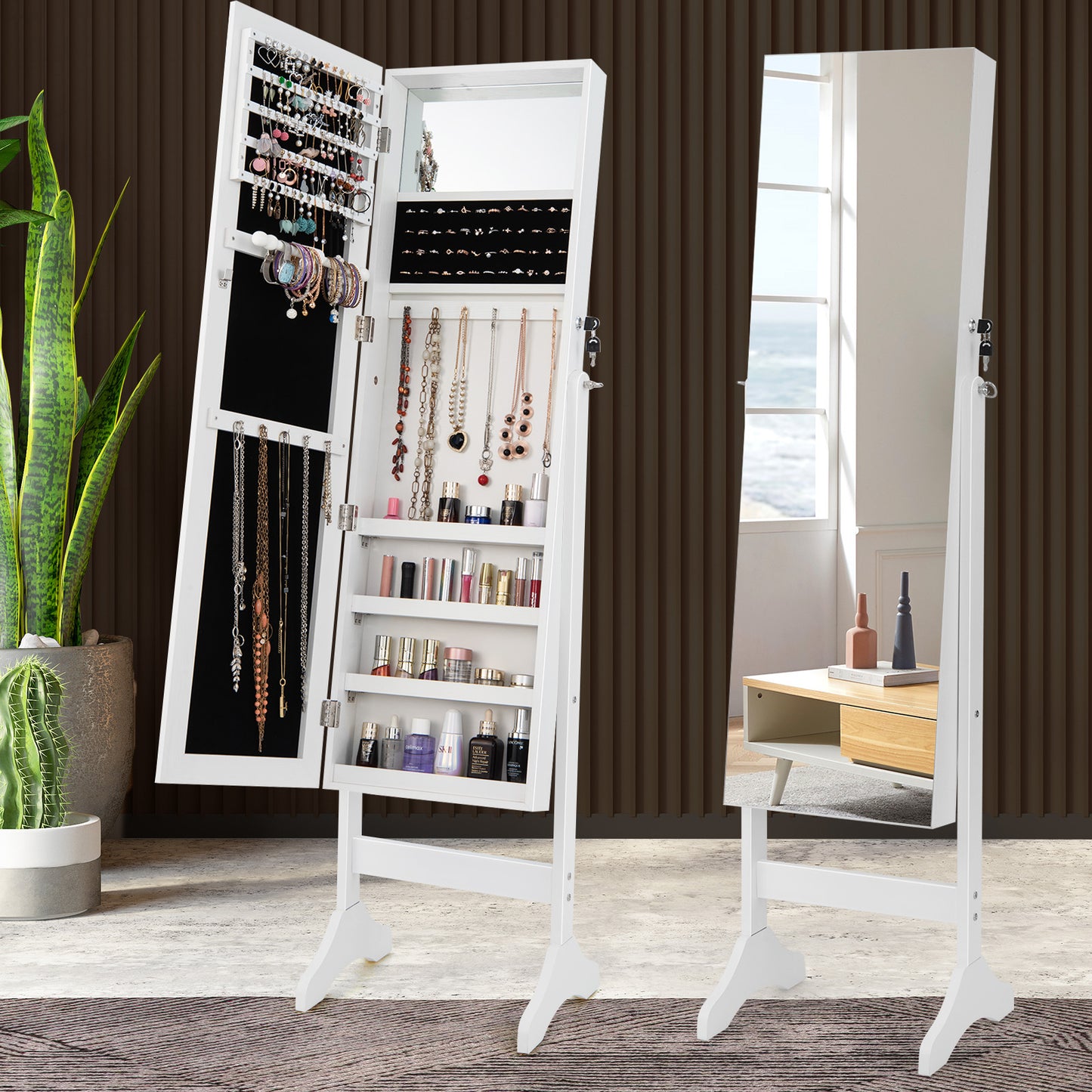 Standing Jewelry Cabinet with Full Length Mirror - White