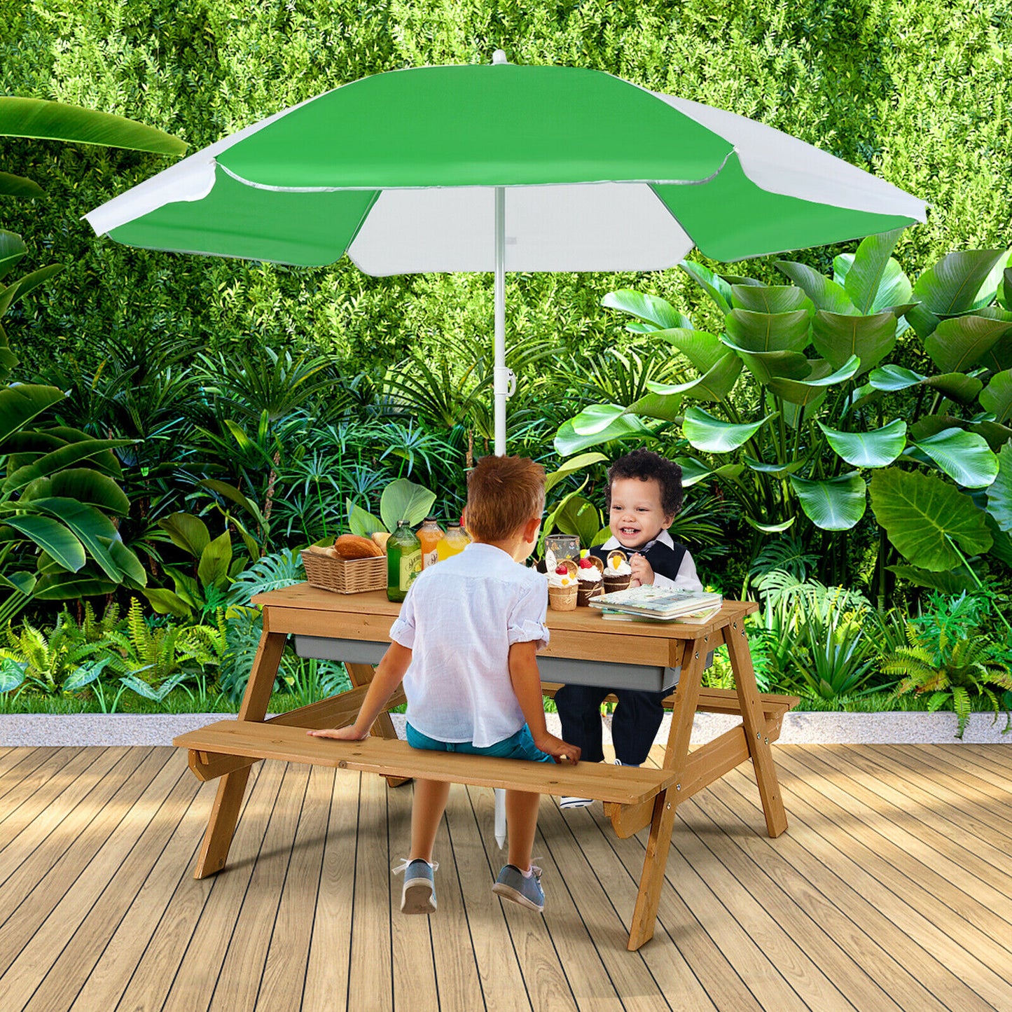 Kids Outdoor Picnic Table with Umbrella and Sand Water Play