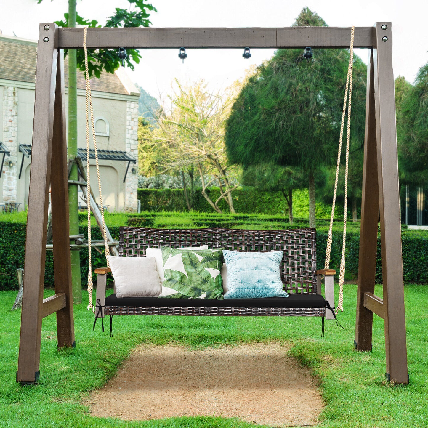 2-Person Rattan Porch Swing Chair with Cushion