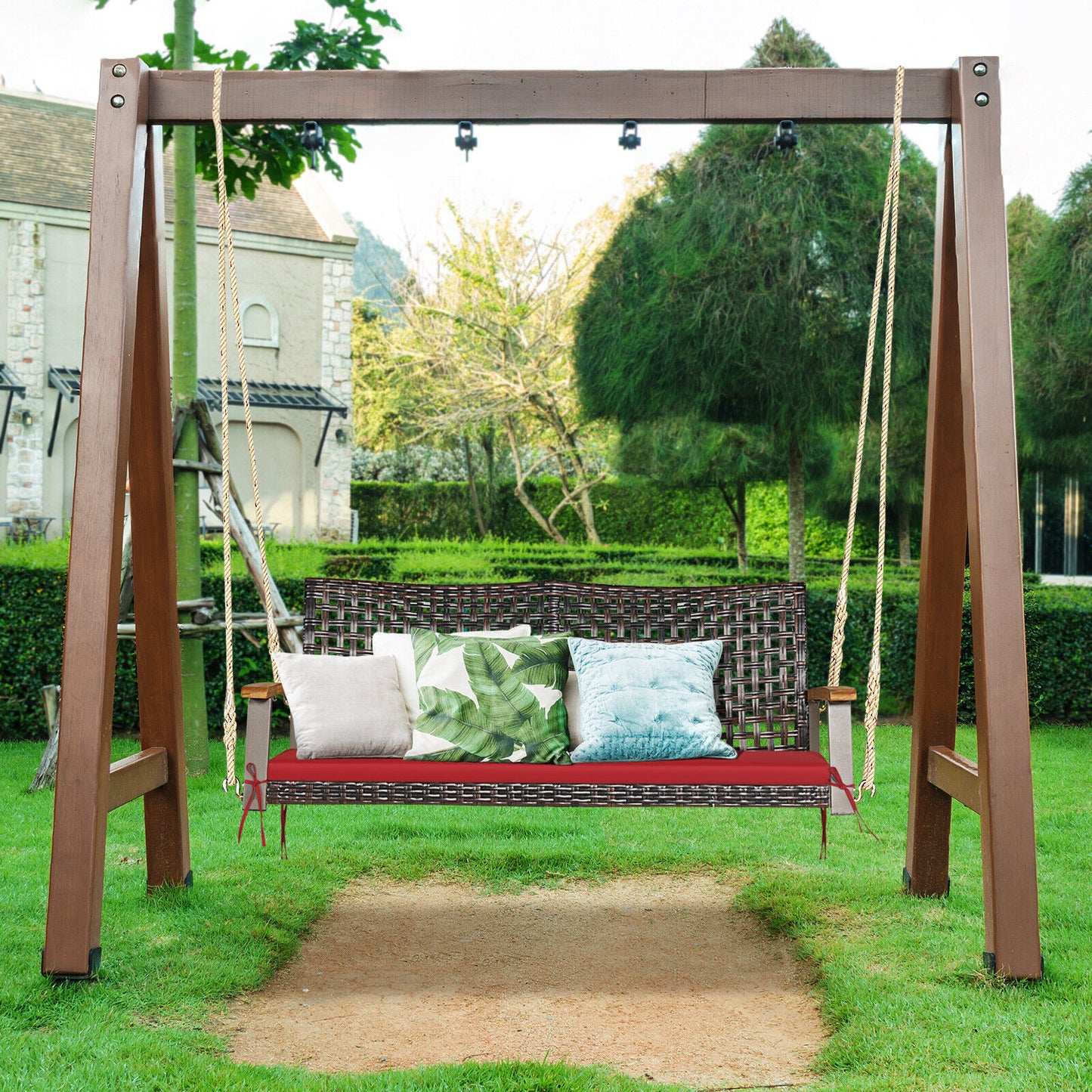 2-Person Rattan Porch Swing Chair with Cushion