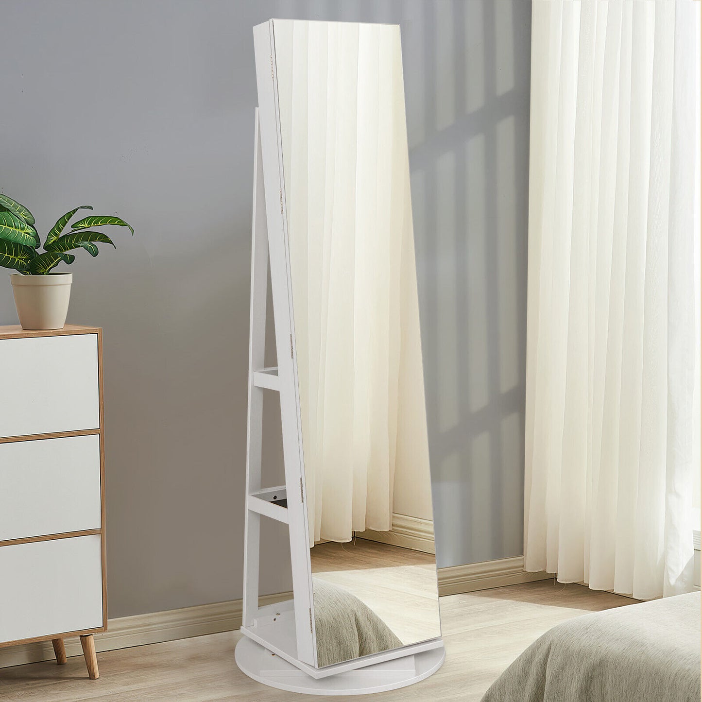 Rotating Mirrored Jewelry Armoire with LED Lighting