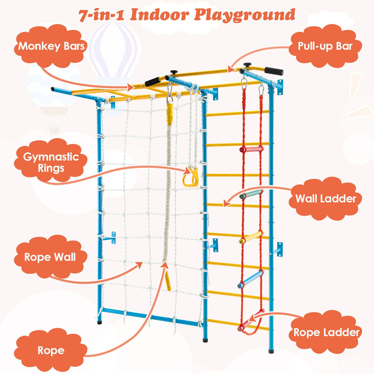 7 In 1 Kids Indoor Gym Playground Swedish Wall Ladder for Solid Wall-Yellow