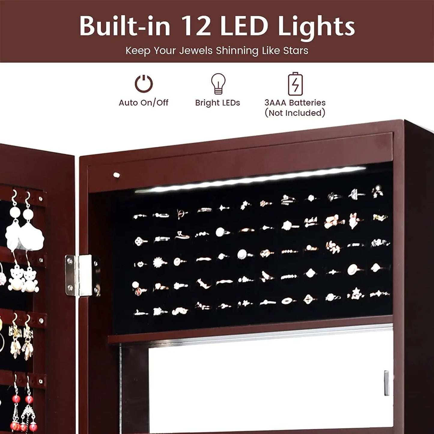 Wall Mounted Jewelry Cabinet with LED Lights and Mirror