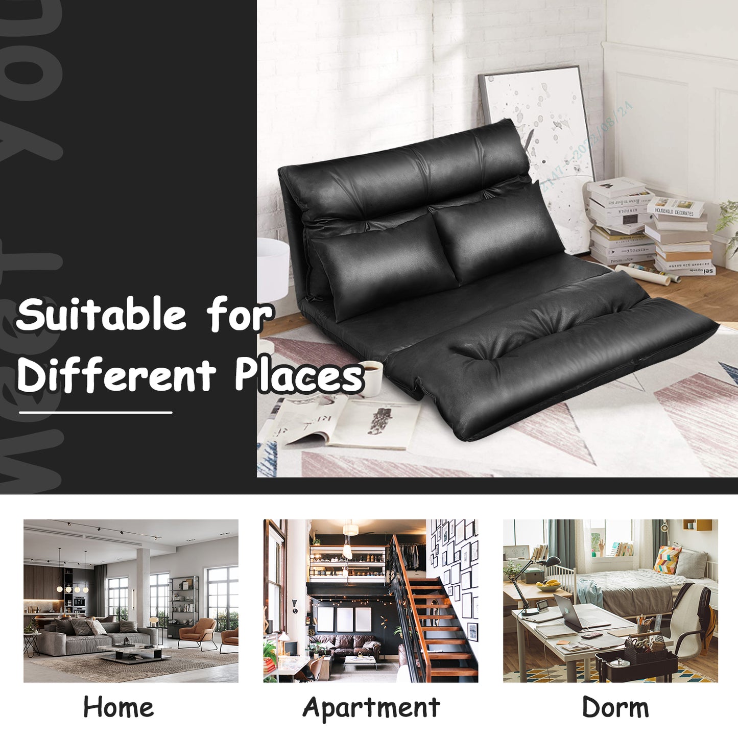 Adjustable Floor Sofa Bed with Pillows - Foldable PU Leather