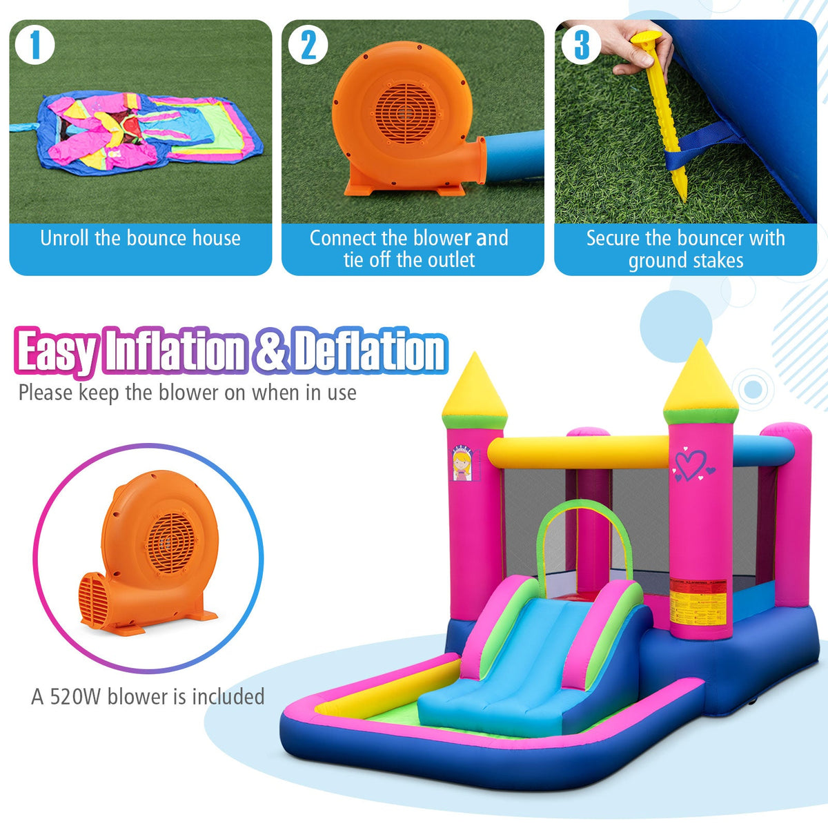 Inflatable Bounce House Cute Princess Bouncy Castle with 520W Blower