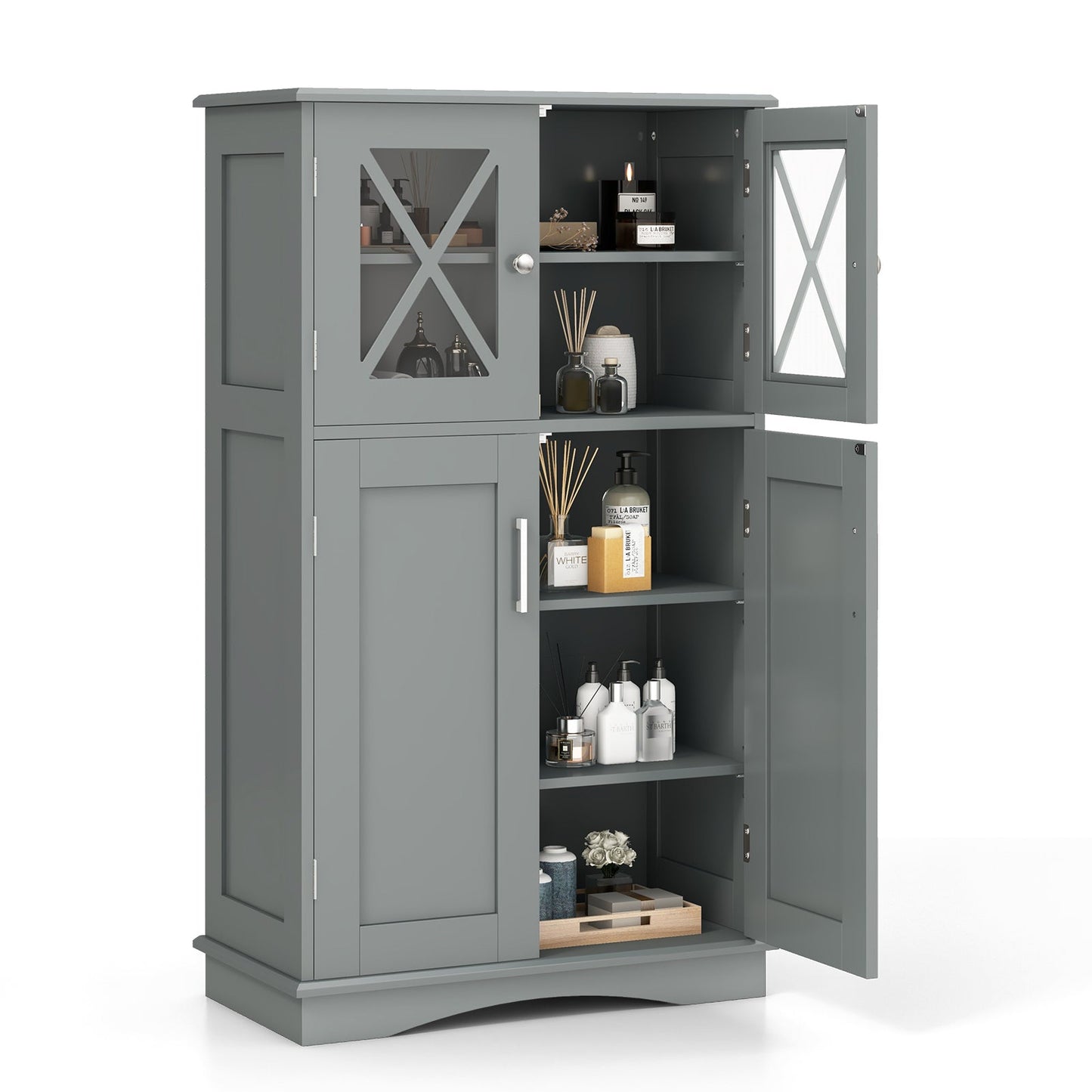 4 Doors Freeestanding Bathroom Floor Cabinet with Adjustable Shelves