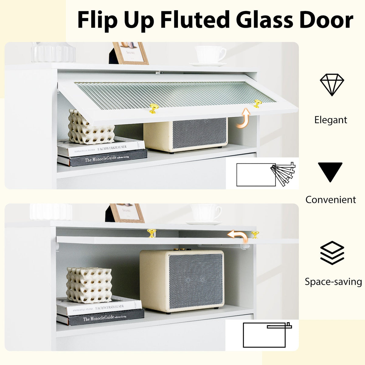 4 Drawer Modern Storage Cabinet with Flip Up Fluted Glass Door-Gray and White