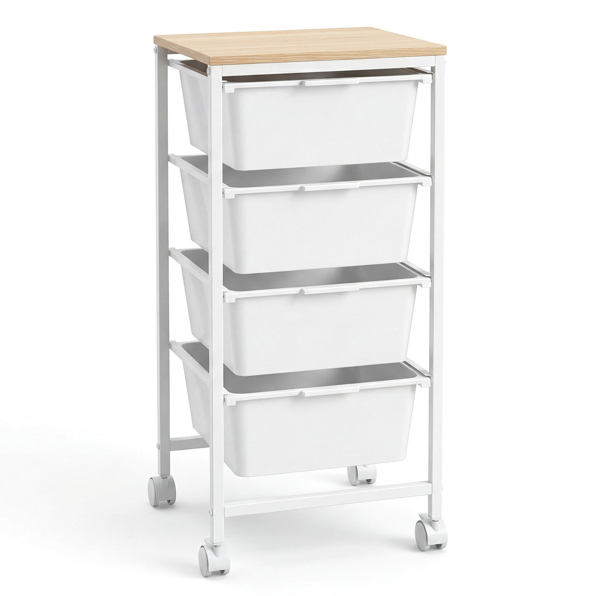 4-Drawer Rolling Storage Cart Mobile Utility Organizer with Wooden Tabletop and Lockable Wheels-White