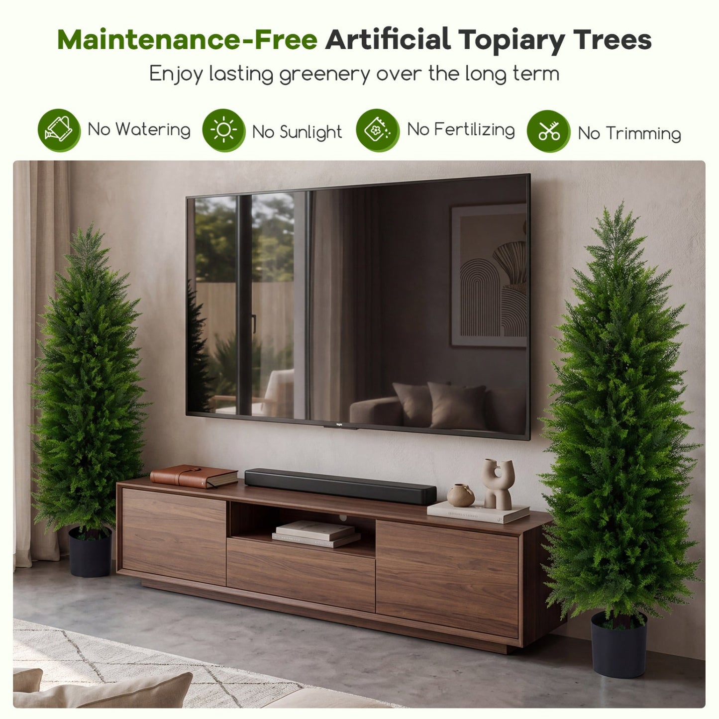 4 FT Artificial Topiary Tree Set of 2 Faux Cedar Cypress Plants in Cement-Filled Pots