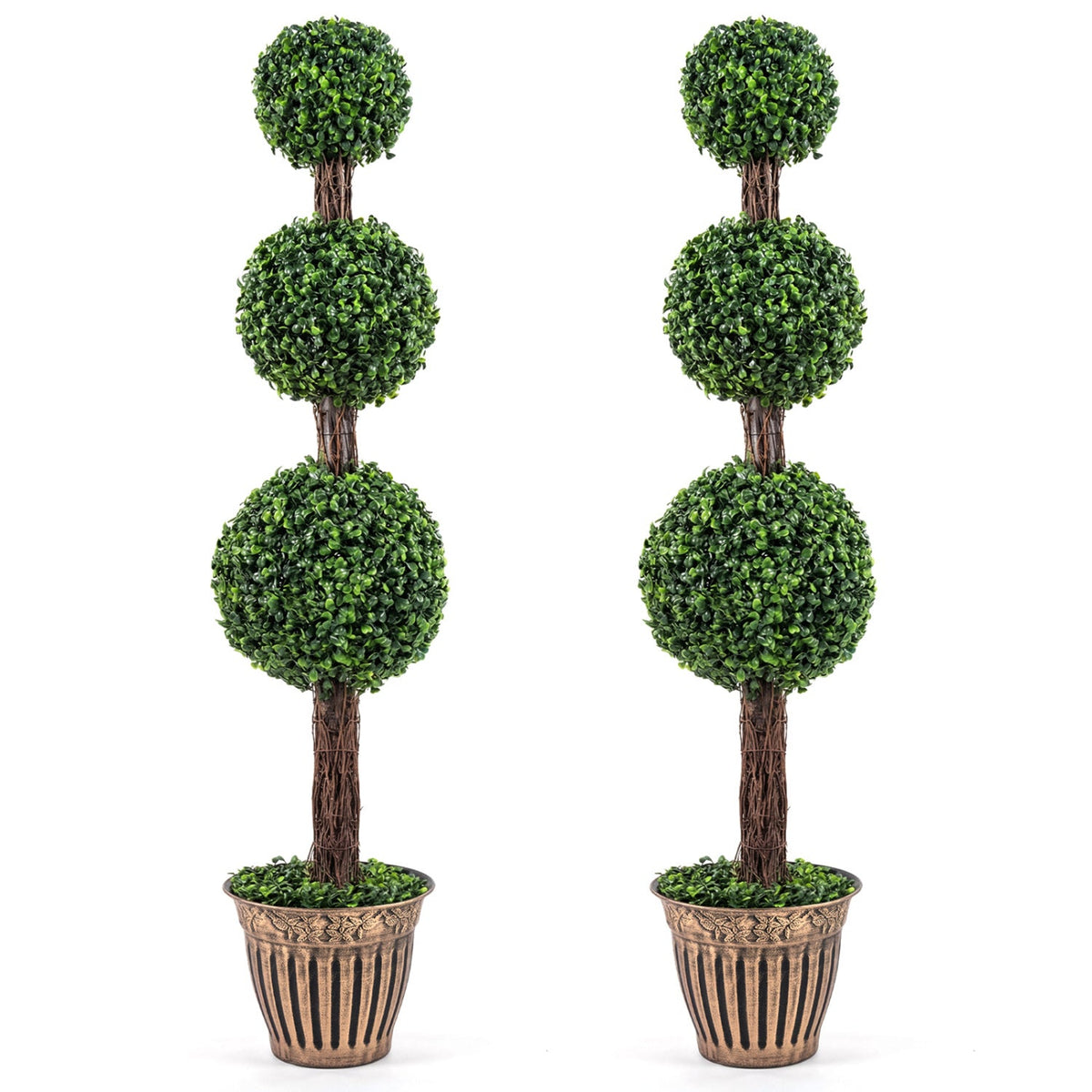 4 FT Artificial Triple Ball Boxwood Tree with Cement-filled Retro Planter Set of 2