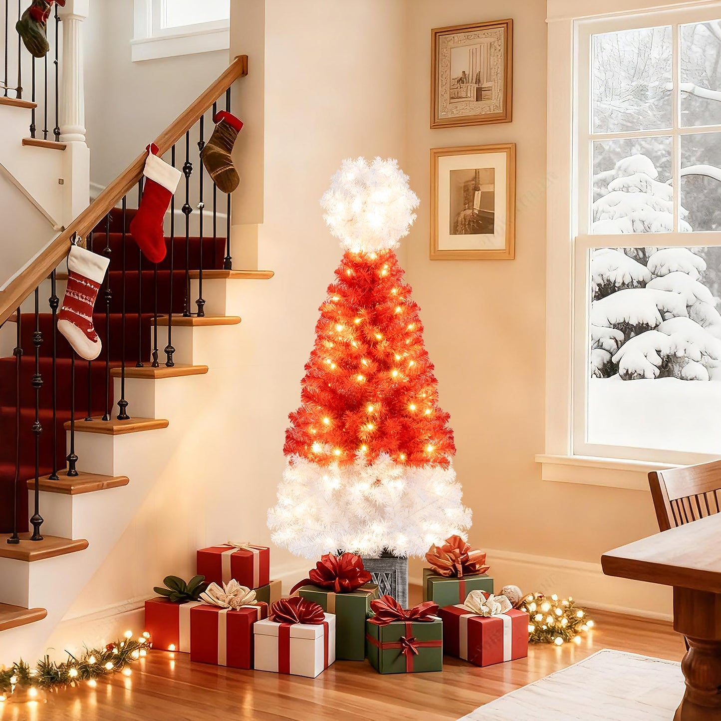4 Ft Artificial Christmas Tree Santa Hat Xmas Tree with 300 Branch Tips Red