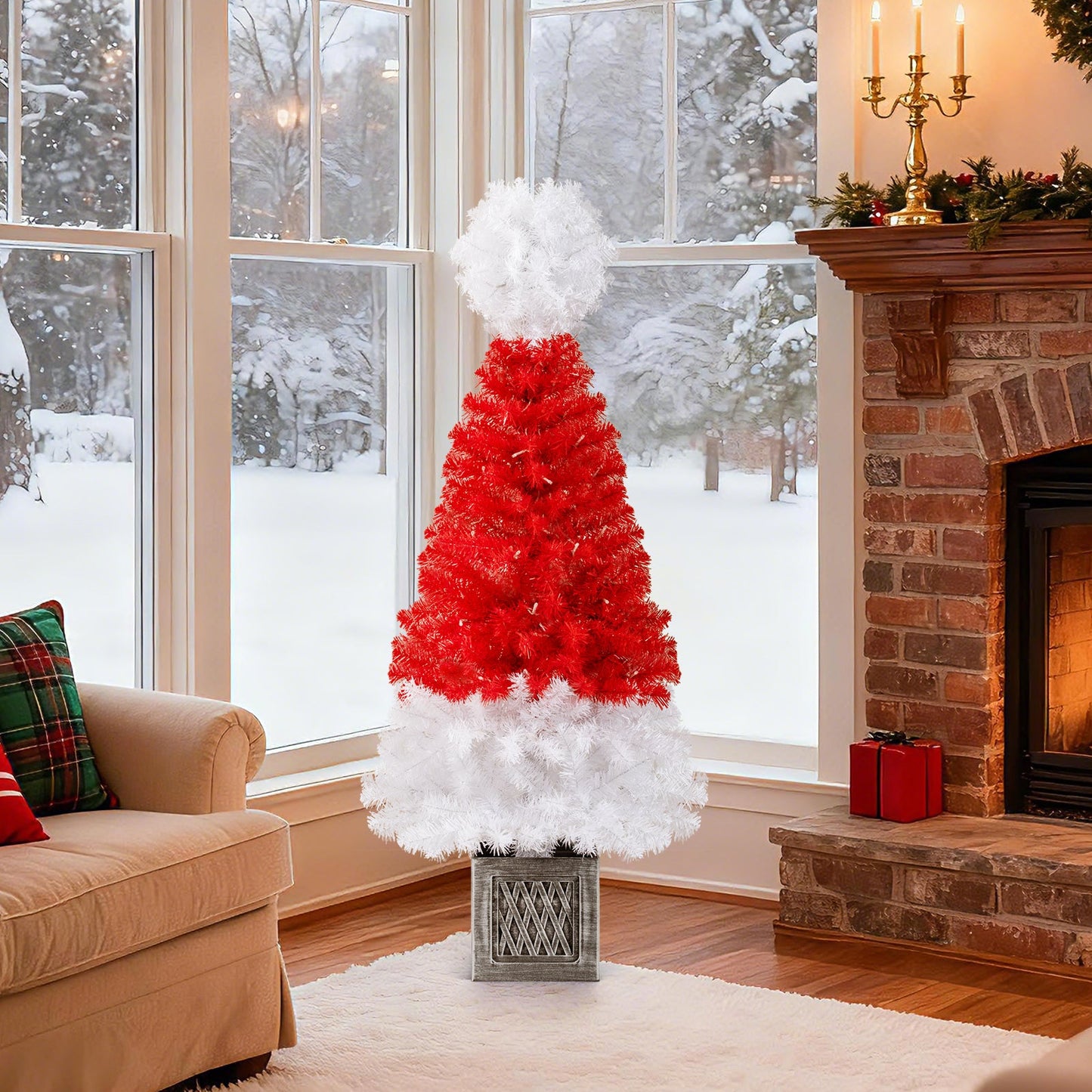 4 Ft Artificial Christmas Tree Santa Hat Xmas Tree with 300 Branch Tips Red