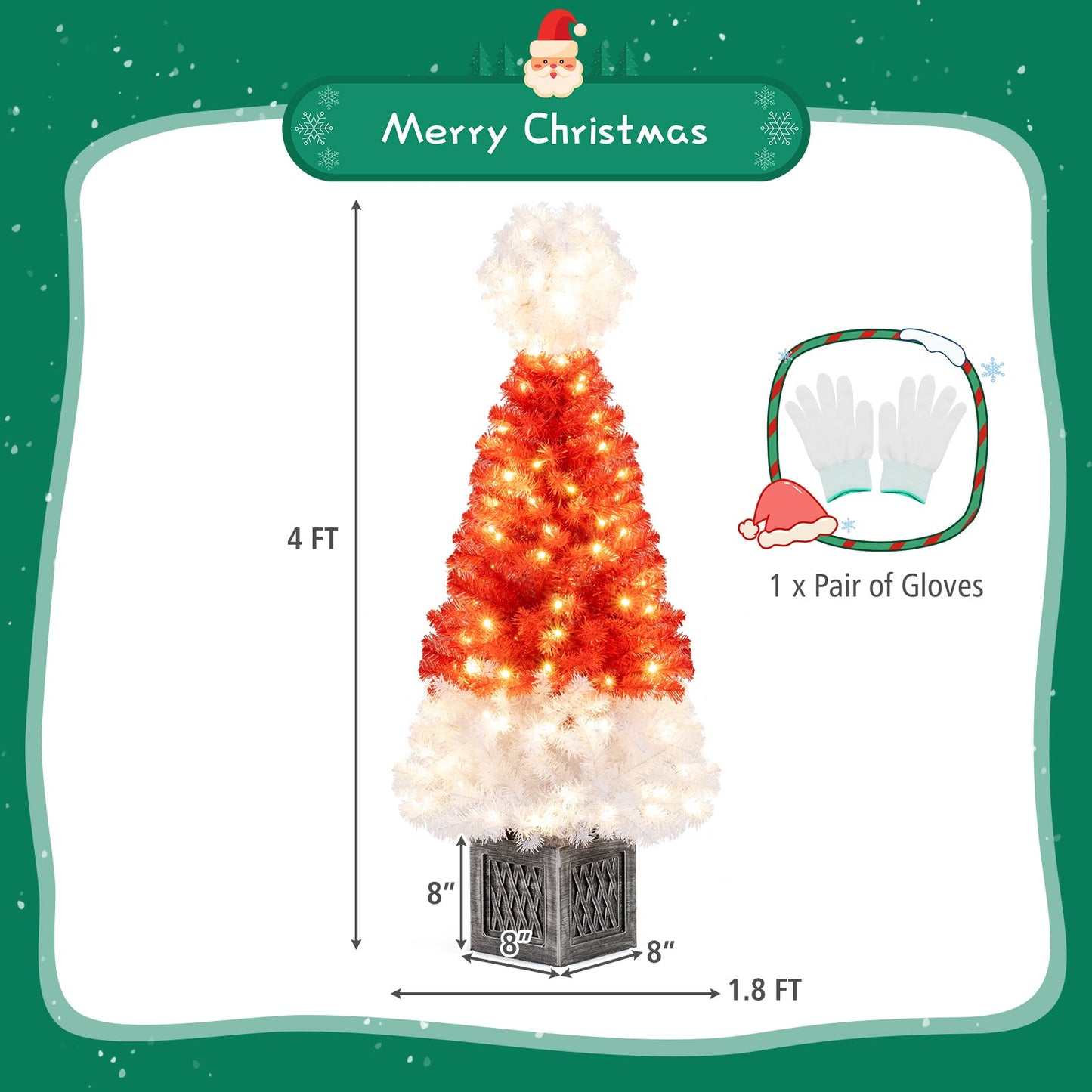 4 Ft Artificial Christmas Tree Santa Hat Xmas Tree with 300 Branch Tips Red