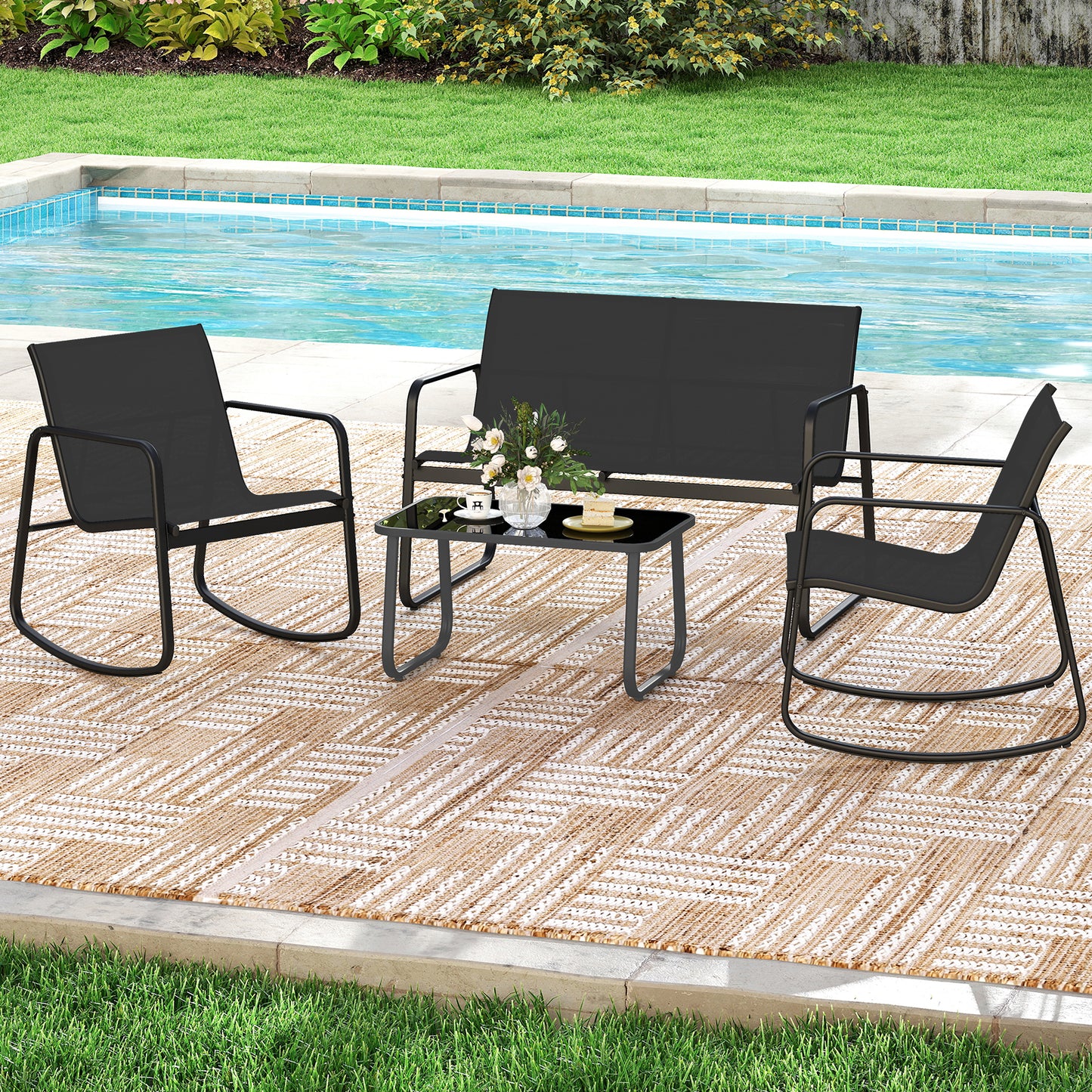 4-Piece Patio Conversation Set with Rocking Chairs & Loveseat
