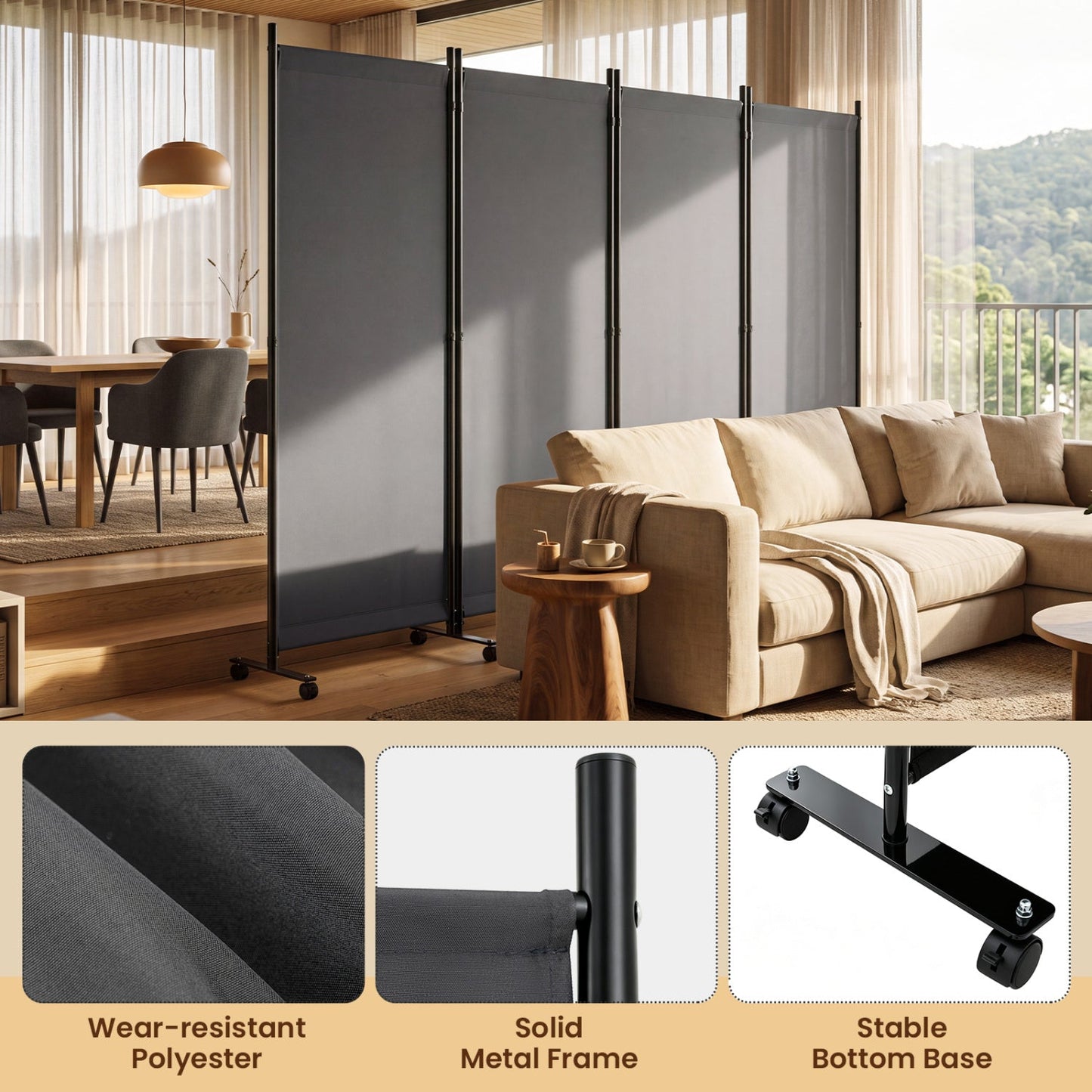 4-Panel Folding Room Divider with Wheels - 71.5" Tall