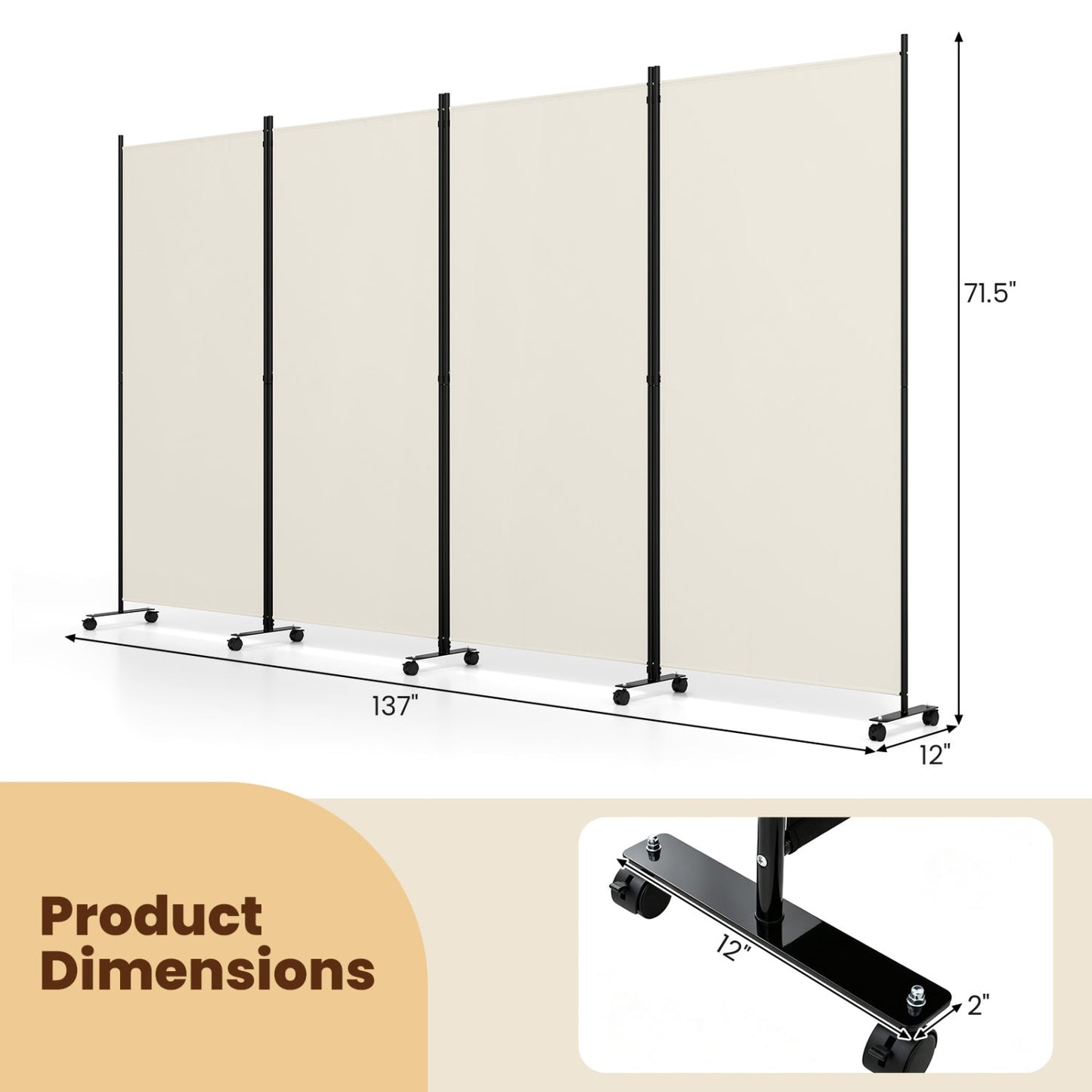 4-Panel Folding Room Divider with Wheels - 71.5" Tall