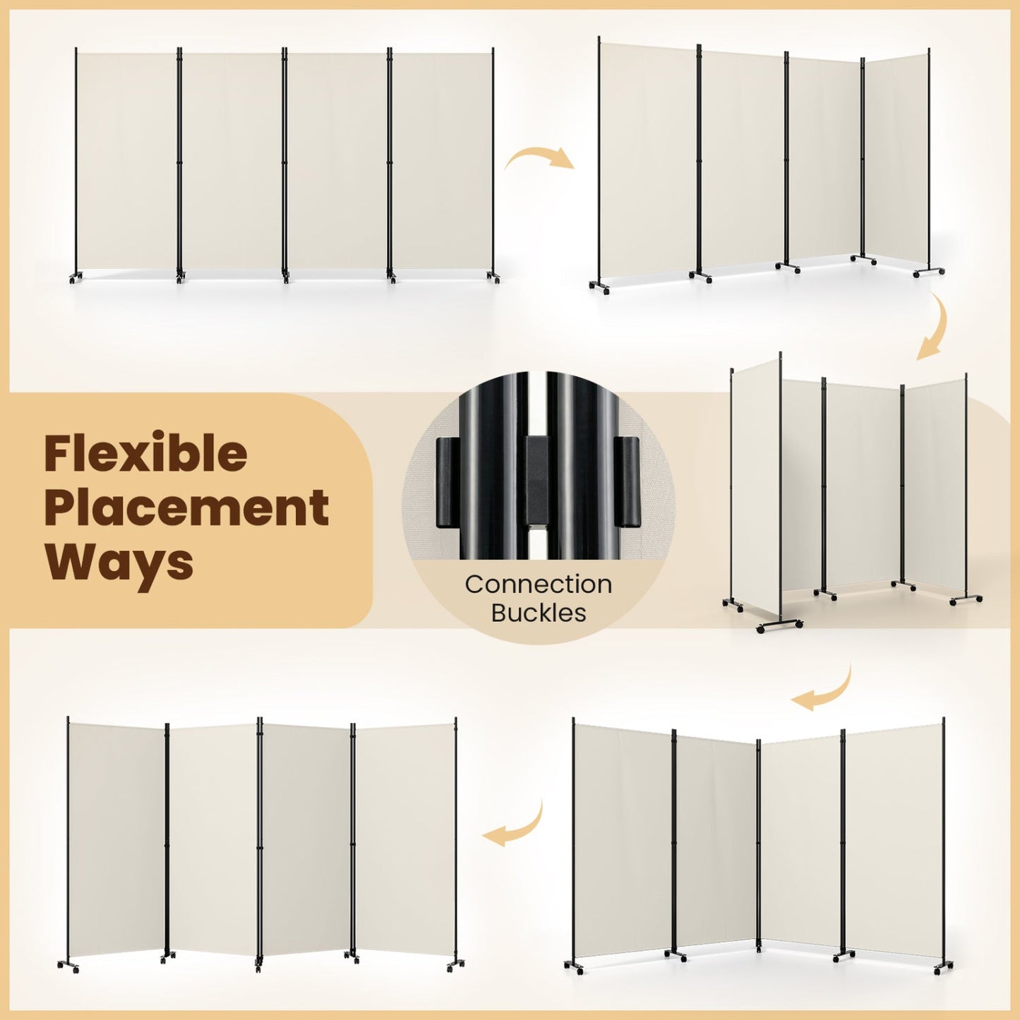 4-Panel Folding Room Divider with Wheels - 71.5" Tall
