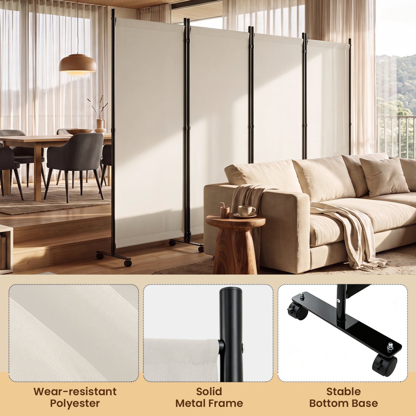 4-Panel Folding Room Divider with Wheels - 71.5" Tall