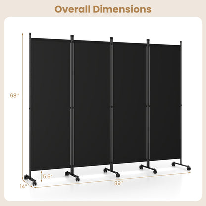 4-Panel Room Divider with Lockable Wheels - 87" x 68"