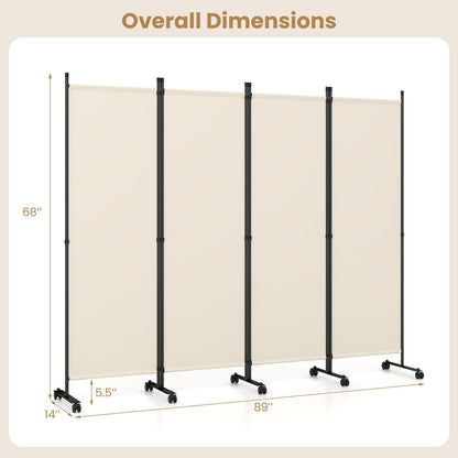 4-Panel Room Divider with Lockable Wheels - 87" x 68"