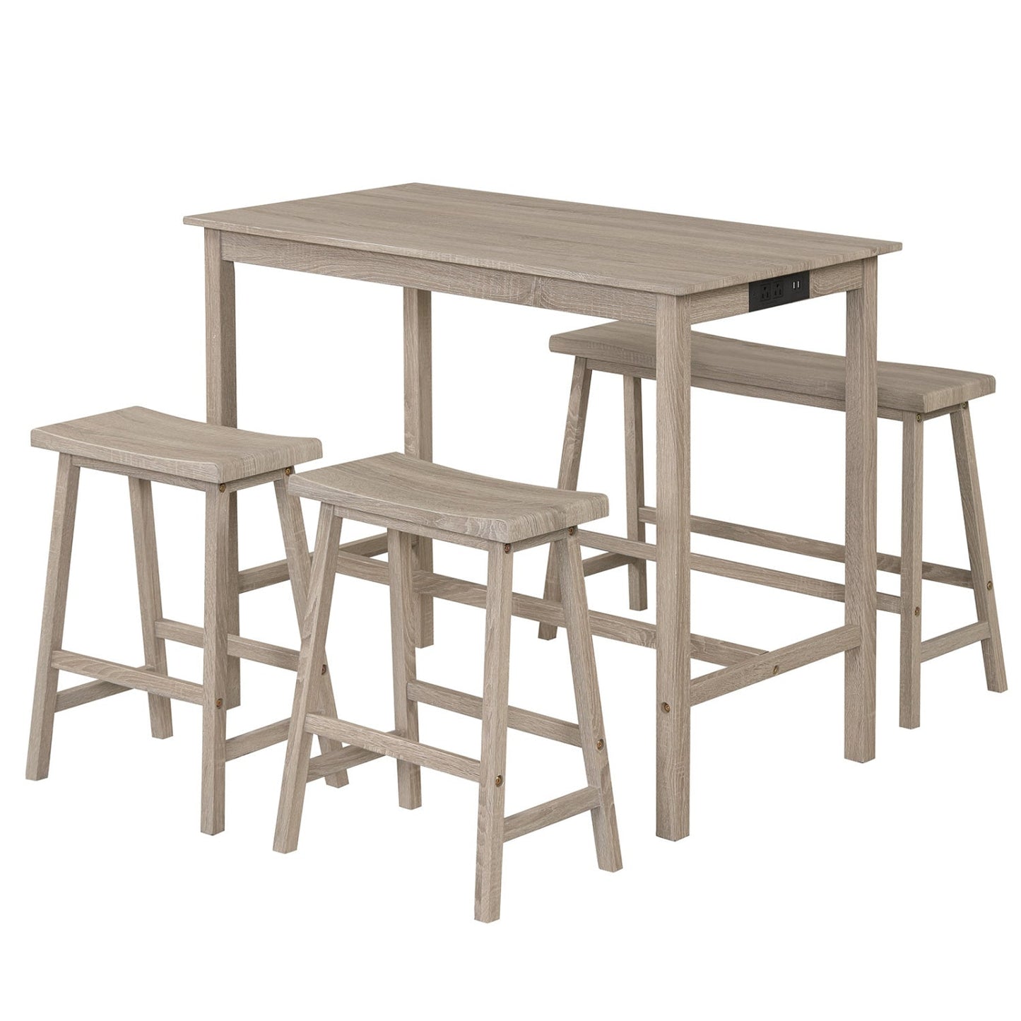 4-Piece Counter Height Dining Table Set with Power Outlet Solid Rubber Wood Kitchen Table
