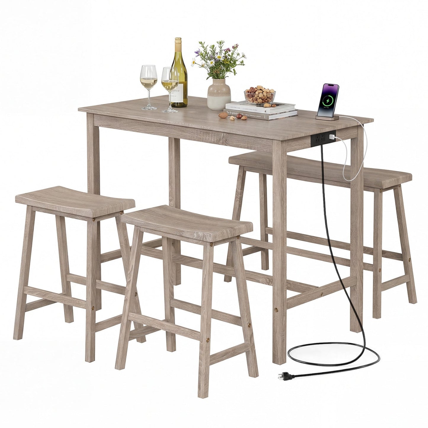 4-Piece Counter Height Dining Table Set with Power Outlet Solid Rubber Wood Kitchen Table
