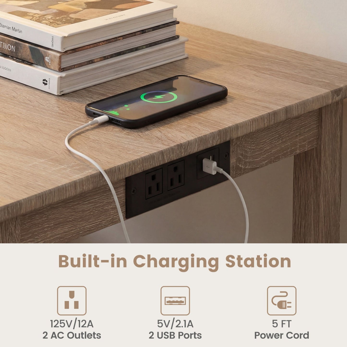 4-Piece Counter Height Dining Table Set with Power Outlet Solid Rubber Wood Kitchen Table