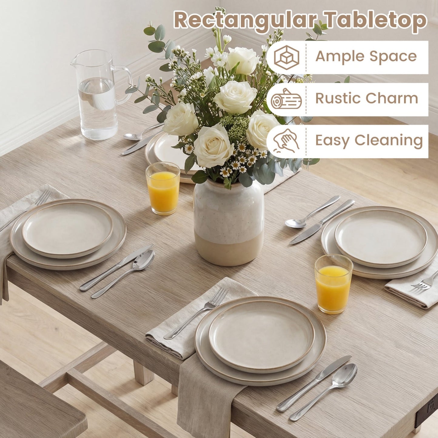 4-Piece Counter Height Dining Table Set with Power Outlet Solid Rubber Wood Kitchen Table