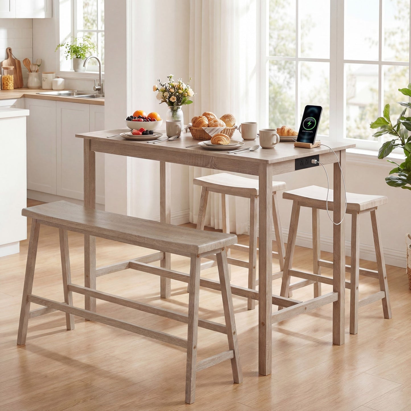 4-Piece Counter Height Dining Table Set with Power Outlet Solid Rubber Wood Kitchen Table