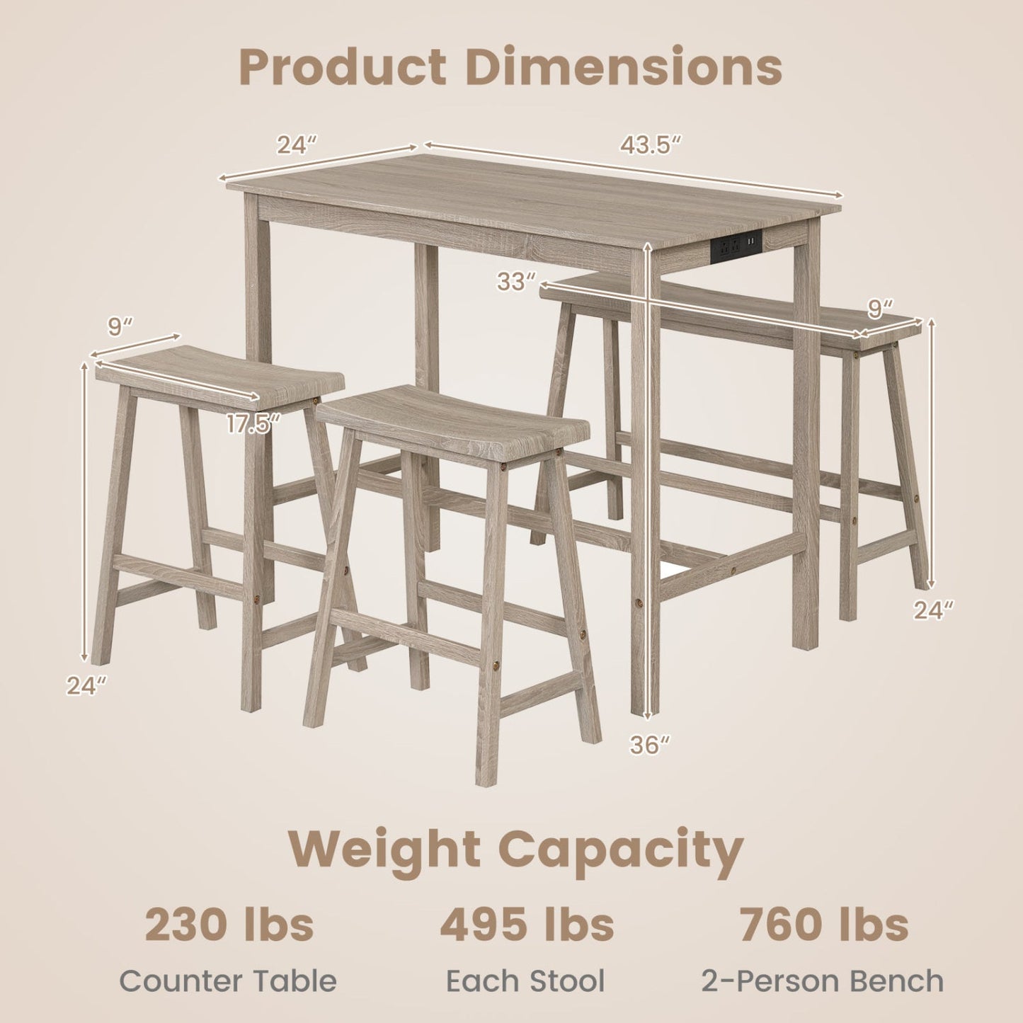 4-Piece Counter Height Dining Table Set with Power Outlet Solid Rubber Wood Kitchen Table