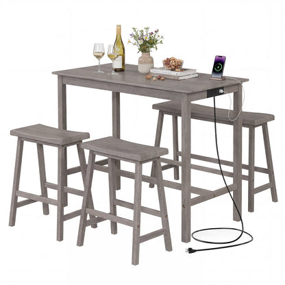 4-Piece Counter Height Dining Table Set with Power Outlet Solid Rubber Wood Kitchen Table