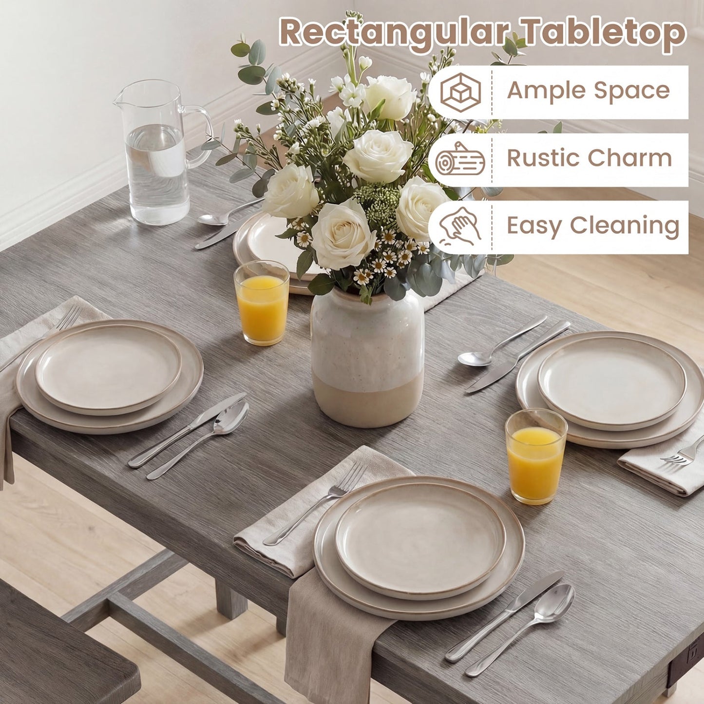 4-Piece Counter Height Dining Table Set with Power Outlet Solid Rubber Wood Kitchen Table