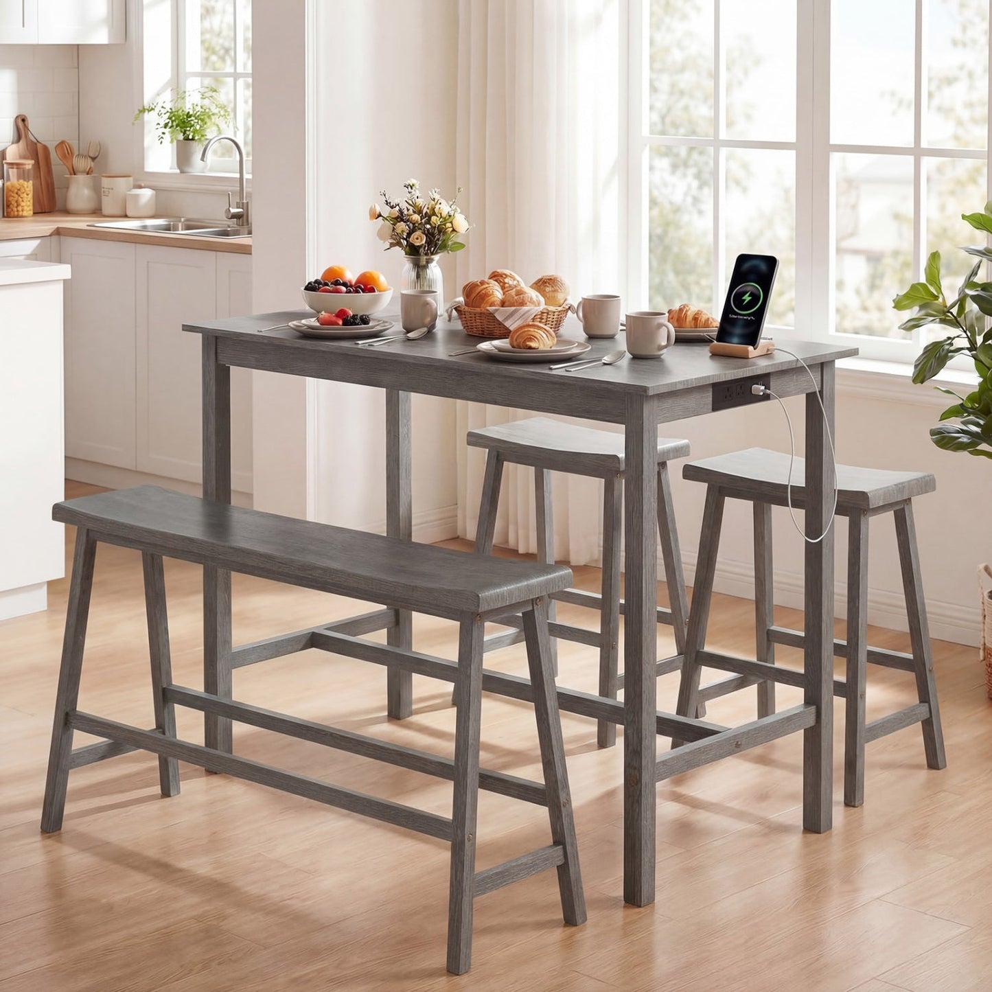 4-Piece Counter Height Dining Table Set with Power Outlet Solid Rubber Wood Kitchen Table
