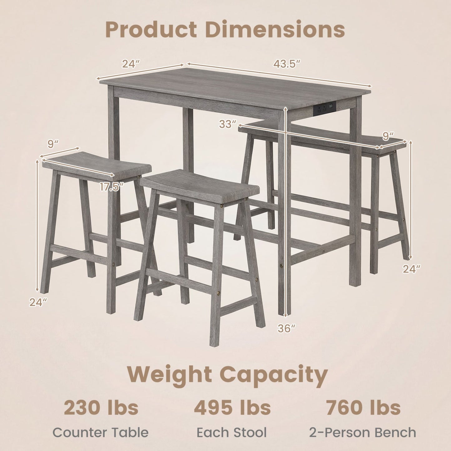 4-Piece Counter Height Dining Table Set with Power Outlet Solid Rubber Wood Kitchen Table
