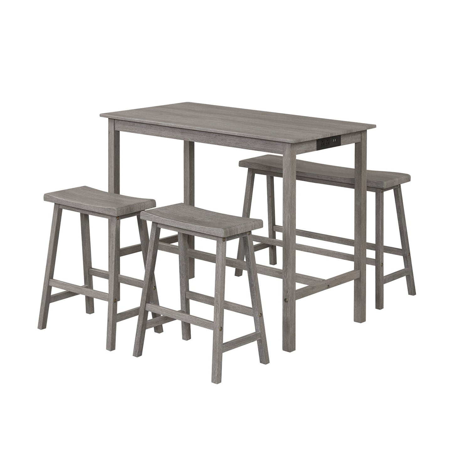 4-Piece Counter Height Dining Table Set with Power Outlet Solid Rubber Wood Kitchen Table
