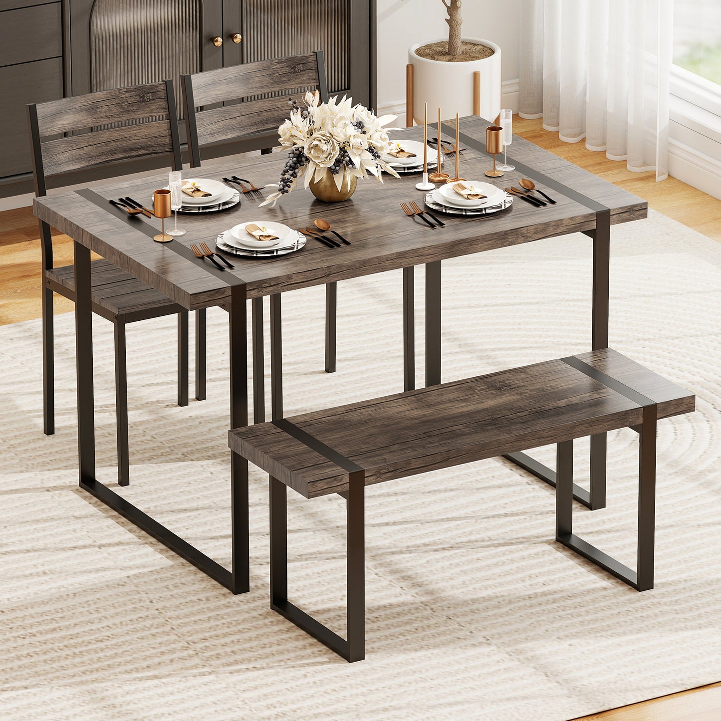 4-Piece Dining Table Set with Bench and 2 Chairs - Gray