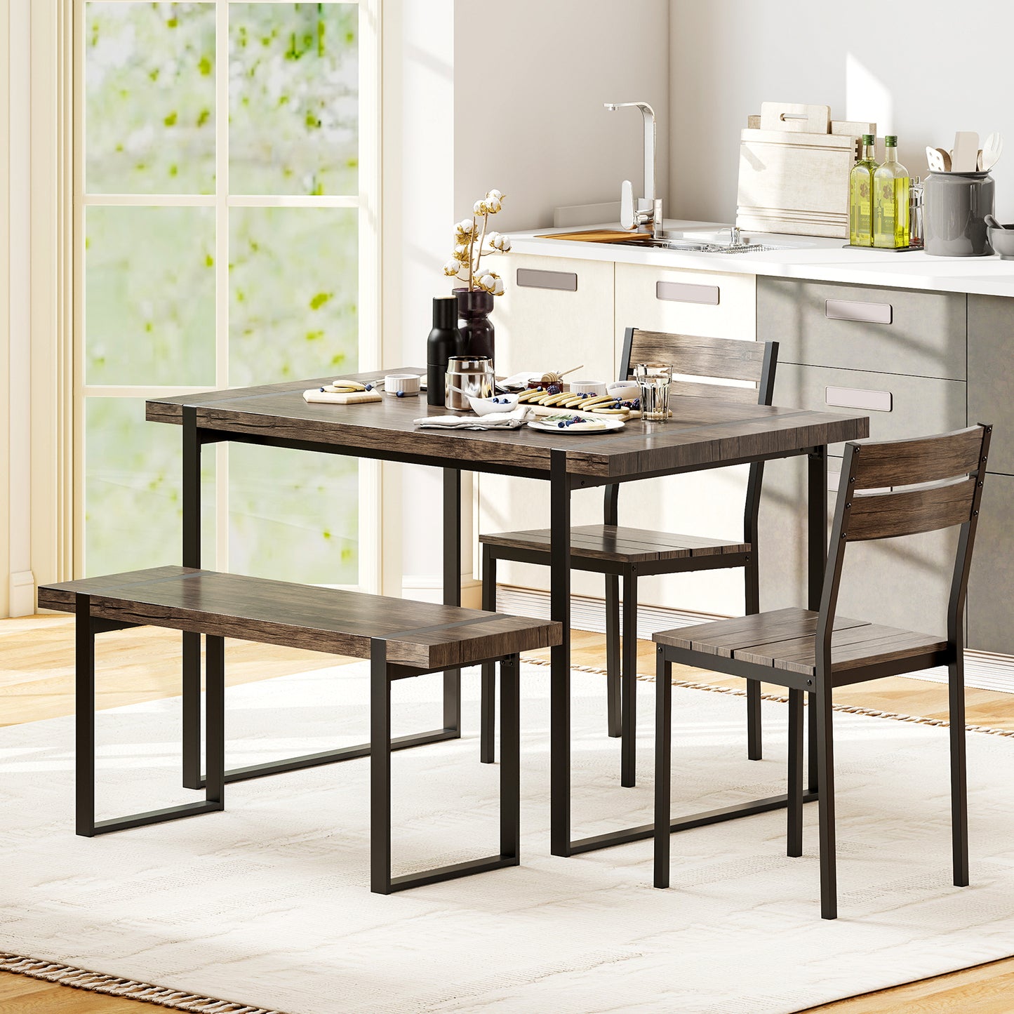 4-Piece Dining Table Set with Bench and 2 Chairs - Gray